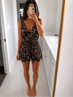 VENUS Leopard Print V-Neck Romper in Brown and Black